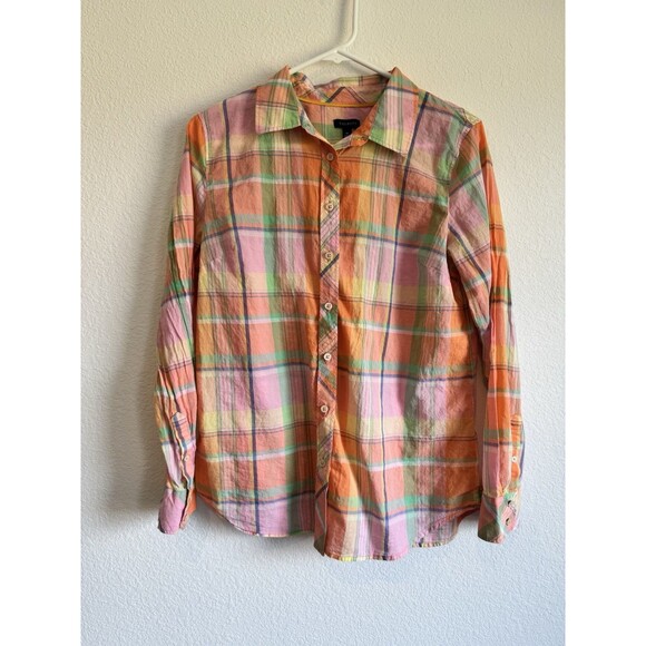 Talbots Women's Pink Orange Green Plaid Long Sleeve Button Down Shirt Cotton Med - Picture 1 of 9